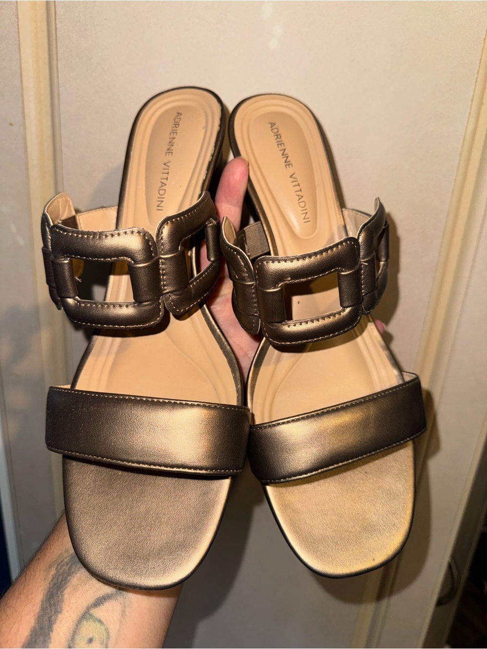 Bronze Metallic Buckle Slide wedge Sandals